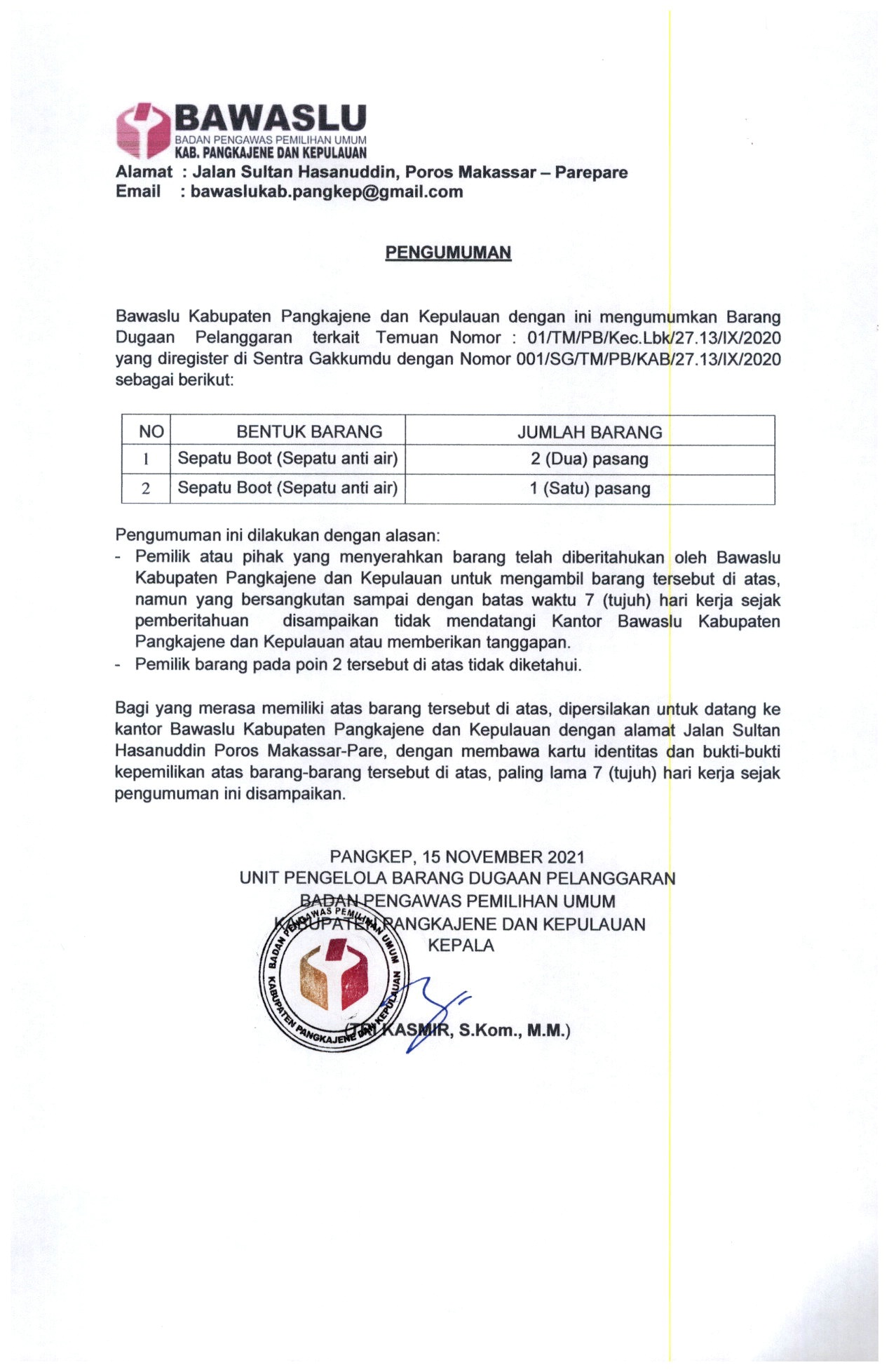 PENGUMUMAN BARANG DUGAAN PELANGGARAN