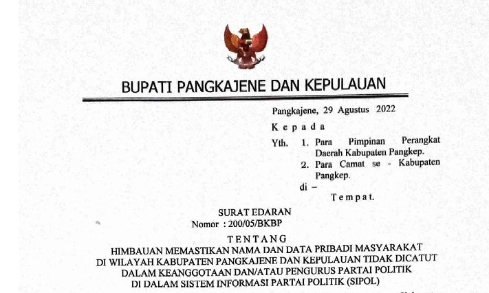 TINDAK LANJUTI SURAT BAWASLU, BUPATI PANGKEP KELUARKAN EDARAN KEPADA PIMPINAN OPD DAN CAMAT, INI ISINYA