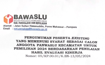 [PENGUMUMAN] PESERTA EXISTING YANG MEMENUHI SYARAT SEBAGAI CALON PANWASLU KECAMATAN PEMILIHAN TAHUN 2024 BERDASARKAN HASIL EVALUASI KINERJA